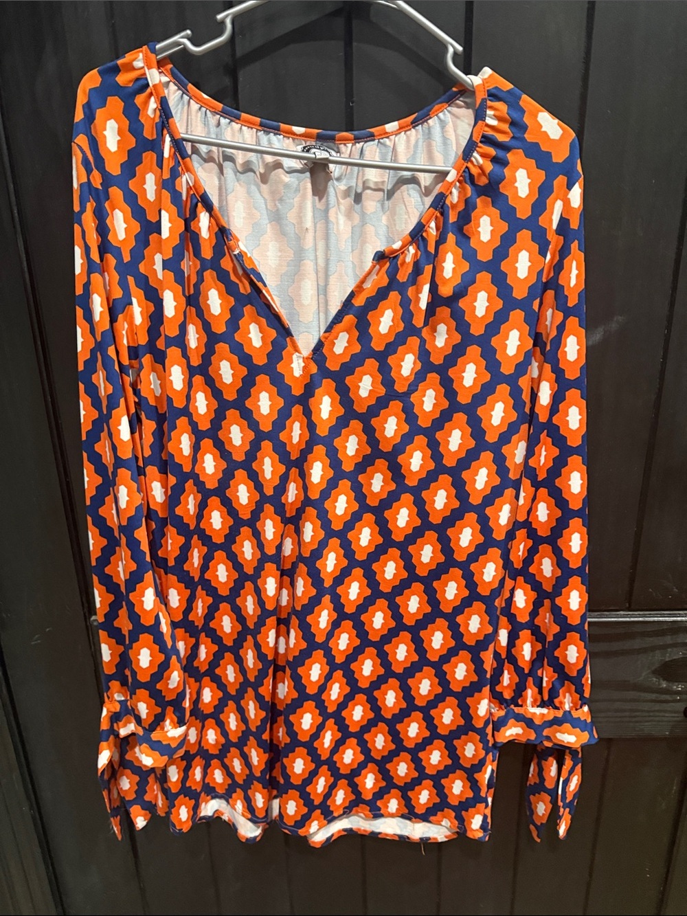 Mud Pie Orange and Navy Geometric Long Sleeve V-Neck Top